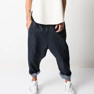 High-Rise Relaxed Drop-Crotch Jeans in Dark Blue